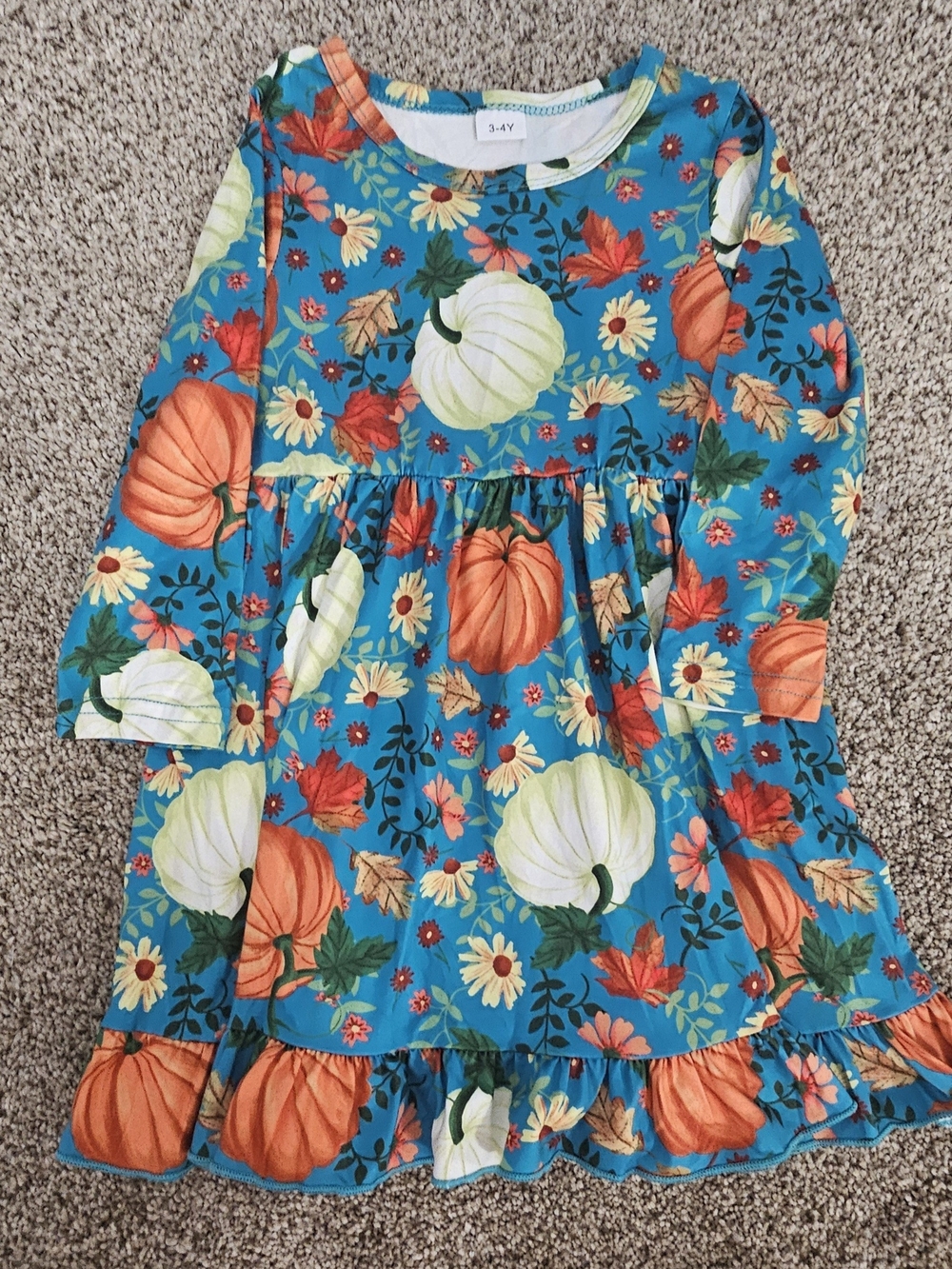 Girls' Teal Pumpkin Floral Fall Dress Size 3-4